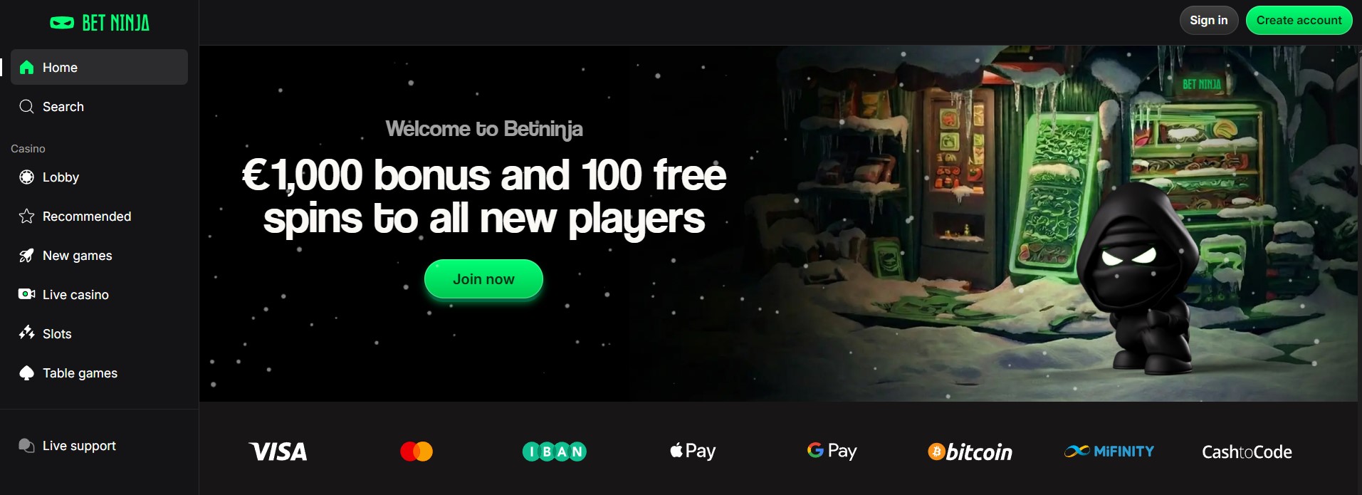 Willkommensbanner von Bet Ninja mit winterlicher Casino-Szene, Ninja-Maskottchen, €1.000 Bonus, 100 Freispiele, Zahlungsmethoden und „Jetzt beitreten“-Button.